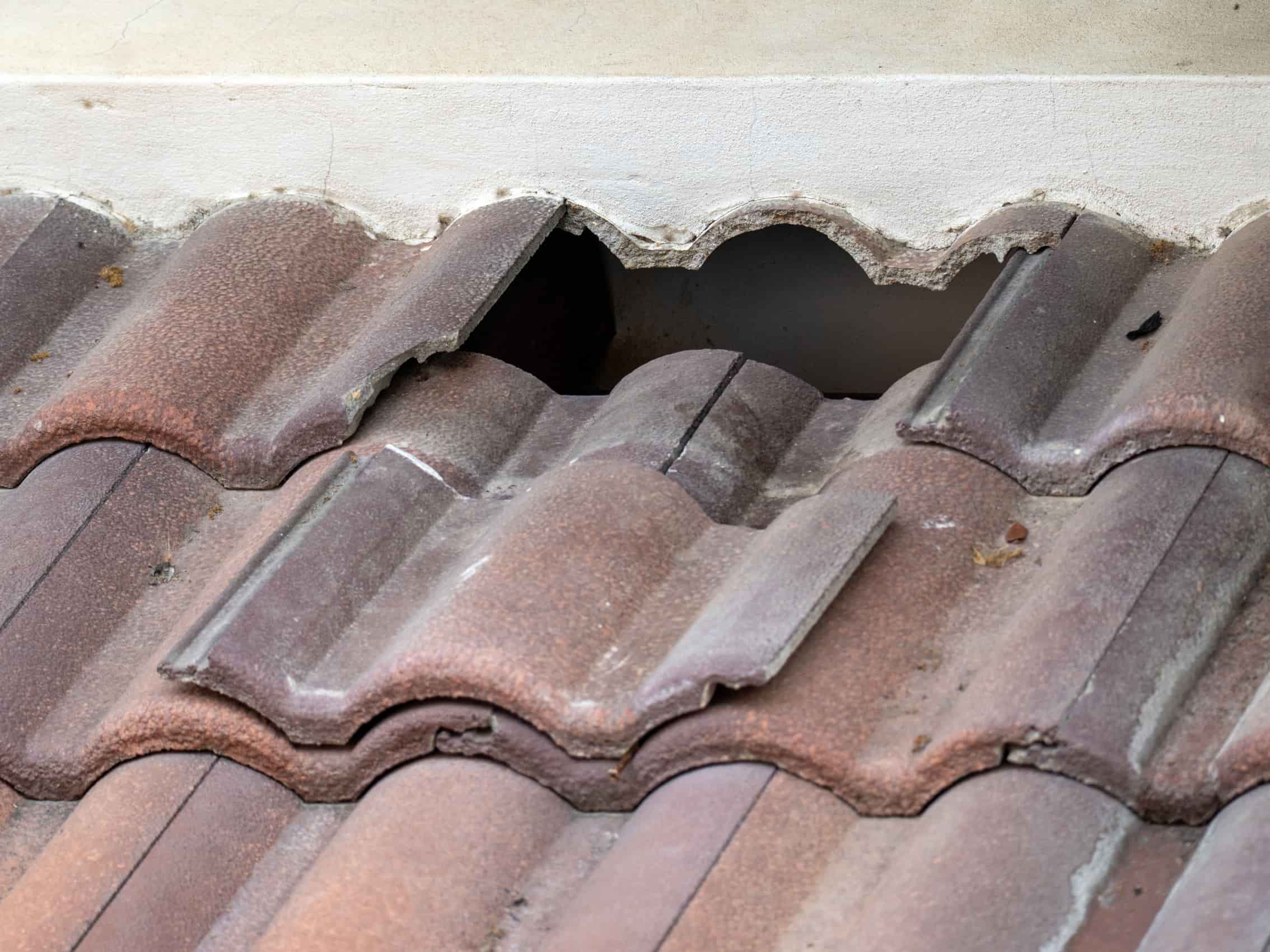 A photo of broken brown roof tile leaving a gap, showing damage needing repair.